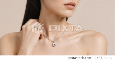 Elegant jewelry close-up showcasing diamond necklaces and rings in luxury fashion style Elegant jewelry close-up showcasing diamond necklaces and rings in luxury fashion style 131199009