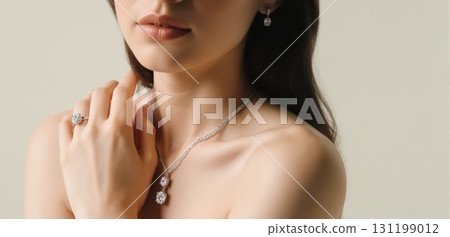 Elegant jewelry close-up showcasing diamond necklaces and rings in luxury fashion style Elegant jewelry close-up showcasing diamond necklaces and rings in luxury fashion style 131199012