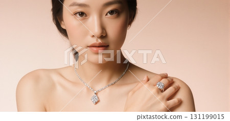 Elegant jewelry close-up showcasing diamond necklaces and rings in luxury fashion style 131199015