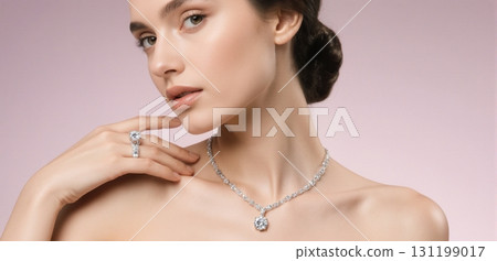 Elegant jewelry close-up showcasing diamond necklaces and rings in luxury fashion style 131199017