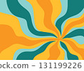 Hand drawn swirl groovy starbust illustration background. Mid century modern blue yellow orange vintage retro wallpaper backdrop, 60s 70s decorative geometric lines rays star sunburst, stylish 131199226