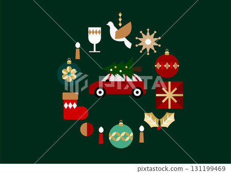 Christmas tree carrying car and wreath-style icon | Illustration Vector 131199469