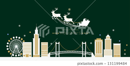 聖誕節、冬季節慶賀卡、聖誕老人的雪橇與馴鹿、城市夜景與橋樑、摩天輪、影印空間 | 插圖 131199484