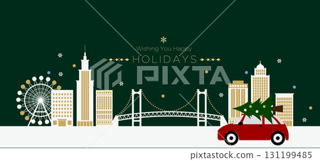 聖誕節、冬季假日賀卡，上面有城市、夜景和橋樑、摩天輪、紅色汽車和樹木 複製空間 插圖 131199485