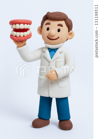 Clay Figurine Dentist Holding Dentures on clean white background. 131199511