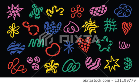 Set of hand drawn various shapes and doodle objects. Abstract elements isolated on a black background. Set of hand drawn various shapes and doodle objects. Abstract elements isolated on a black background. 131199779