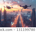 黃昏時分，多架無人機飛越城市上空 131199780