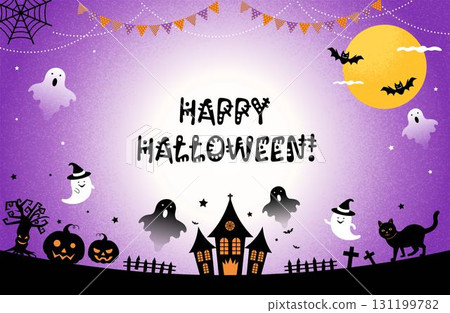 Cute Halloween frame (Jack-o'-lantern, ghost, purple background) Cute Halloween frame (Jack-o'-lantern, ghost, purple background) 131199782