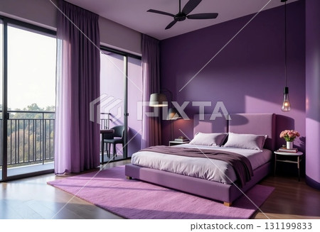 A beautifully designed bedroom features a striking purple color palette, spacious windows allowing soft sunlight, and elegant furnishings perfect for relaxation and comfort Generative AI 131199833