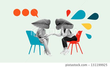 Graphic composition. Two women with lips heads in conversation on chairs with speech bubbles 131199925