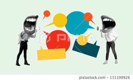 Contemporary collage. Two people with mouth heads shouting into megaphones among speech bubbles 131199926