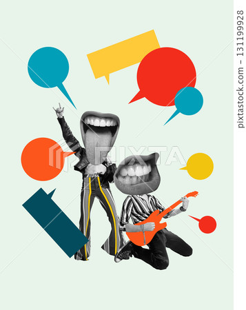 Colorful collage rock musicians with mouth heads and guitars surrounded by speech bubbles Colorful collage rock musicians with mouth heads and guitars surrounded by speech bubbles 131199928