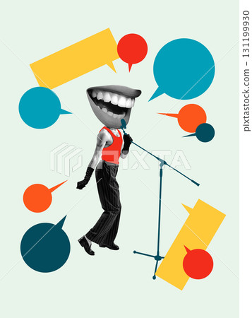 Bold colorful poster. Performer with mouth head singing on stage with speech bubbles 131199930