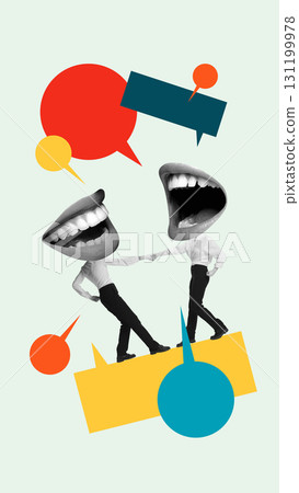 Abstract collage of two figures with giant mouth heads shaking hands among speech bubbles Abstract collage of two figures with giant mouth heads shaking hands among speech bubbles 131199978