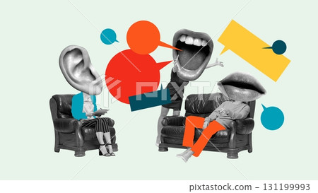 Bold colorful poster of couple therapy with oversized mouths and ear heads in vivid discussion Bold colorful poster of couple therapy with oversized mouths and ear heads in vivid discussion 131199993