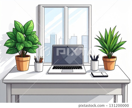 Illustration of a work desk with a houseplant and a computer Illustration of a work desk with a houseplant and a computer 131200000