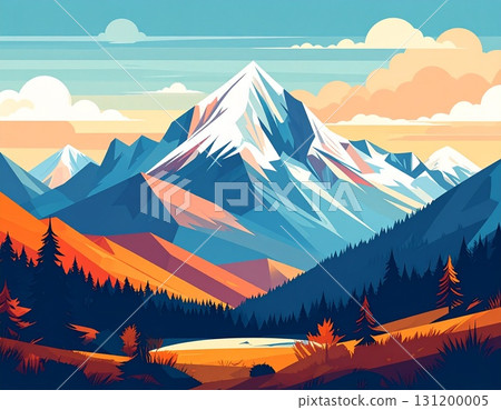 Landscape illustration with colorful sunset and mountains 131200005
