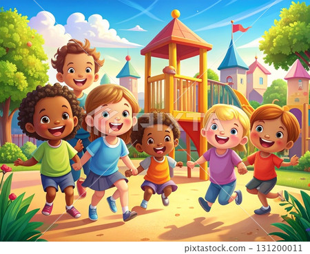 Children of various races playing in a park rich in nature 131200011