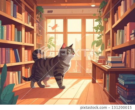 Illustration of a cat in a bright room with a large bookshelf 131200015