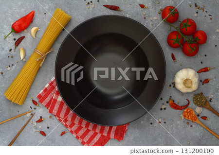 Italian Food background on wooden table. Top view. 131200100