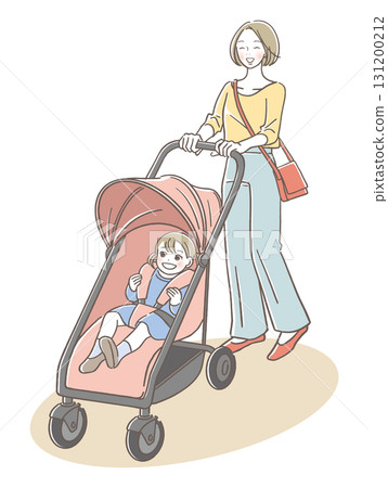 微笑的母親推著嬰兒車 131200212