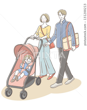 Smiling mother and father pushing a stroller 131200213
