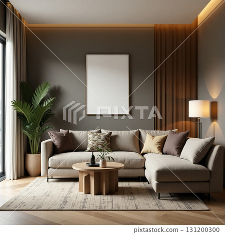 A serene living room showcases a chic sofa adorned with decorative cushions, complemented by a round wooden coffee table Generative AI 131200300