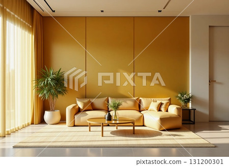 This elegant living space features a stylish sofa and coffee table, adorned with cushions and delicate plants Generative AI 131200301