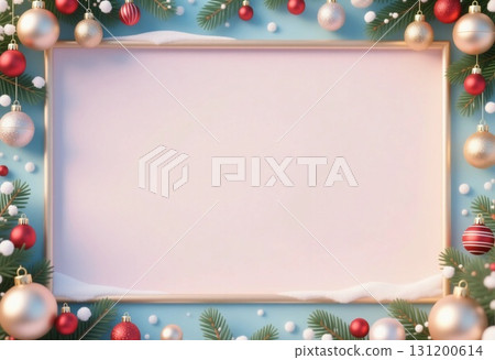 Colorful ornaments in red, silver, and white surround a blank space amid pine branches, creating a cheerful backdrop for holiday greetings during the festive season Generative AI 131200614