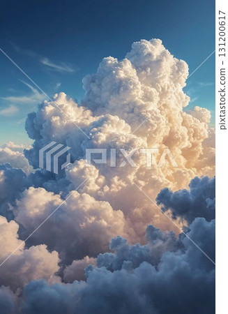 A breathtaking display of fluffy clouds fills the sky, illuminated by the warm hues of a sunset Generative AI 131200617
