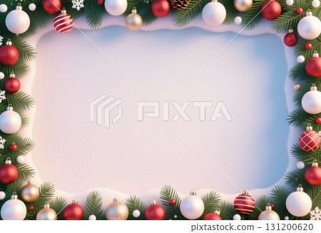 A beautiful holiday frame featuring various ornaments and pine branches, ideal for sending Christmas and New Year greetings with a warm festive touch Generative AI 131200620