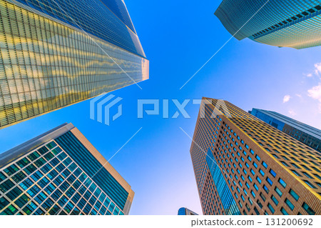 Tokyo cityscape, Japan: A mysterious pattern appears on the glass windows of Dentsu, overlooking the Shiodome office buildings, etc. (September 17th) 131200692