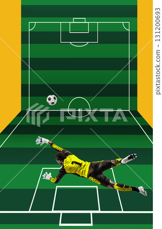 Graphic composition. Soccer goalkeeper in yellow uniform dives to save ball on green field 131200693