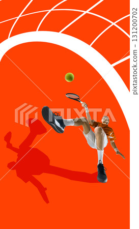 Bold poster. Tennis player in orange shirt performing athletic shot on red abstract background with curved court 131200702
