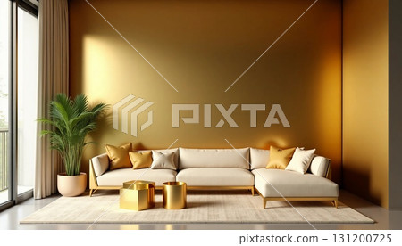 A chic living space features a plush beige sofa adorned with gold cushions, paired with elegant golden tables. Sunlight illuminates the room, enhancing its warmth and tranquility Generative AI 131200725