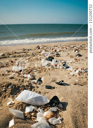 On a bright sunny day, a beautiful beach is marred by scattered trash and debris, highlighting the pressing issue of ocean pollution and its impact on marine life Generative AI 131200732