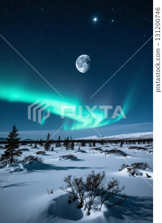 Bright auroras dance across a wintry night sky, creating a mesmerizing spectacle above a snow covered landscape Generative AI 131200746