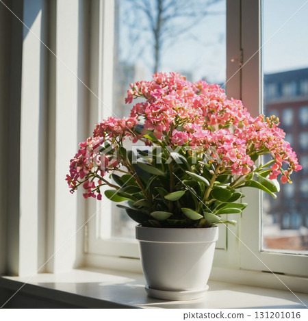 Sunlight streams through a window illuminating a vibrant pink flowering plant. Its colorful blooms create a cheerful ambiance, enhancing the indoor atmosphere Generative AI 131201016
