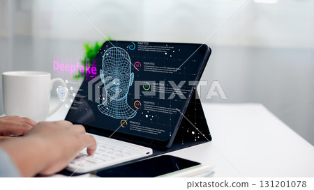 Deepfake Technology Concept on Tablet Screen with AI Face Recognition and Data Analysis 131201078