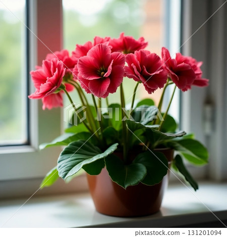 Blooming with vibrant petals, a cluster of pink flowers stands proudly in a ceramic pot. Sunlight filters through the window, illuminating the beauty of this indoor garden Generative AI Blooming with vibrant petals, a cluster of pink flowers stands proudly in a ceramic pot. Sunlight filters through the window, illuminating the beauty of this indoor garden Generative AI 131201094