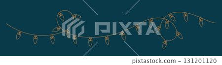 Gold line string festive light garland silhouette border. Retro minimalist vector bulb shapes for Happy New Year, Merry Christmas. 131201120