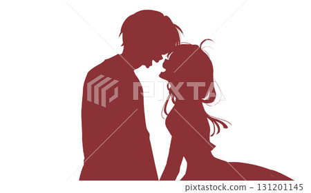 Silhouette of a man and woman laughing facing each other 131201145