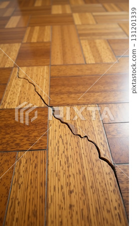 A noticeable crack stretches across the wooden flooring, revealing signs of wear in a warm, inviting living area. Sunlight filters through, accentuating the detail of the wood Generative AI 131201339