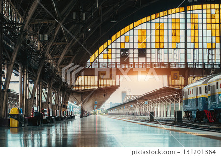 vintage Hua Lamphong railroad station with classic retro trains in Bangkok, historic old-fashioned Thai railway hub featuring retro travel ambiance 131201364