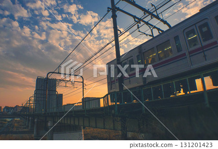 A photo of a Keio Line train running in the sunset 131201423