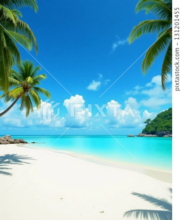Bright white sands stretch along the shoreline as gentle waves lap at the coast, with lush palm trees swaying in the breeze under clear skies filled with fluffy clouds Generative AI 131201455