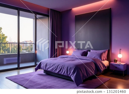 Soft purple blankets adorn a contemporary bed placed near expansive windows. A warm sunset casts a gentle glow, highlighting the elegant decor and inviting atmosphere Generative AI 131201460