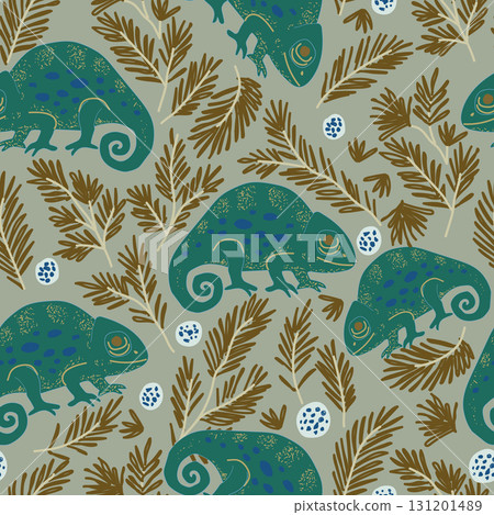 Vector seamless pattern with chameleons and silver fir surrounded by forest. Ideal for textiles with exotic lizards. Vector illustration. Vector seamless pattern with chameleons and silver fir surrounded by forest. Ideal for textiles with exotic lizards. Vector illustration. 131201489