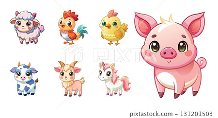Cute cartoon farm animals collection on white background. Childish kawaii art 131201503