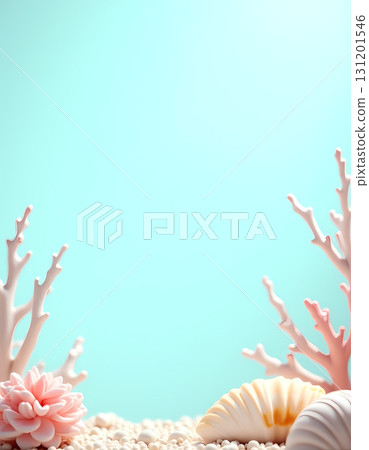 A vibrant underwater scene showcases intricate coral and seashells resting on the sandy ocean floor, illuminated by a soft aqua backdrop, creating a tranquil and dreamy atmosphere Generative AI 131201546